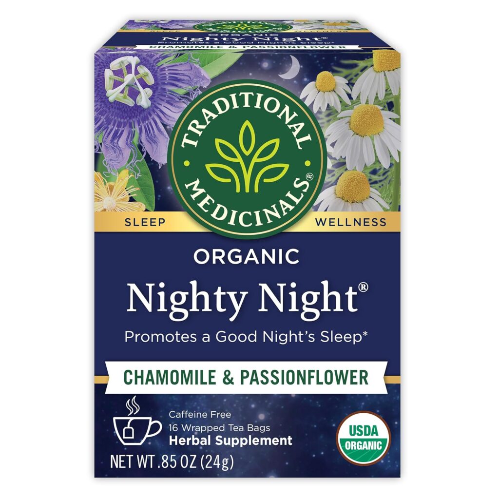 Traditional Medicinals Organic, Nighty Night Tea, Chamomile & Passionflower – Herbal Sleep Aid Teas – Kosher, Non-GMO, Caffeine-Free, Compostable – 16 Tea Bags