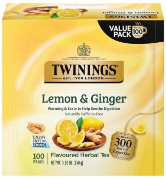 Twinings Lemon & Ginger Herbal Tea Individually Wrapped Bags, 100 Count (Pack of 1), Tangy Lemon, Spicy Ginger, Naturally Caffeine-Free, Enjoy Hot or Iced, 100 Teabags