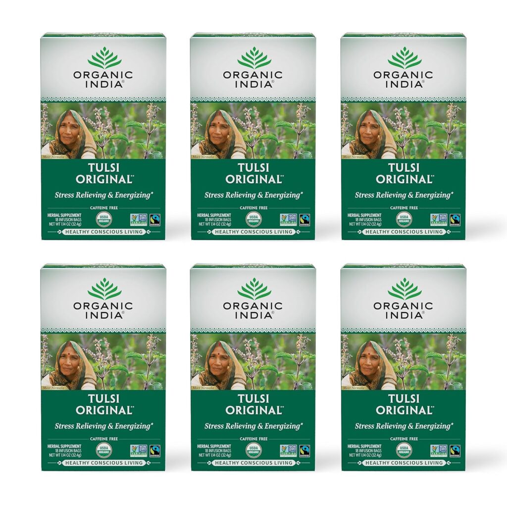 ORGANIC INDIA Tulsi Original Herbal Tea – Holy Basil and African Basil Calming and Stress Relief Tea, Immune Support, USDA Certified Organic, Non-GMO, Caffeine-Free – 18 Infusion Bags, 6 Pack