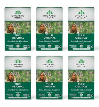 ORGANIC INDIA Tulsi Original Herbal Tea – Holy Basil and African Basil Calming and Stress Relief Tea, Immune Support, USDA Certified Organic, Non-GMO, Caffeine-Free – 18 Infusion Bags, 6 Pack